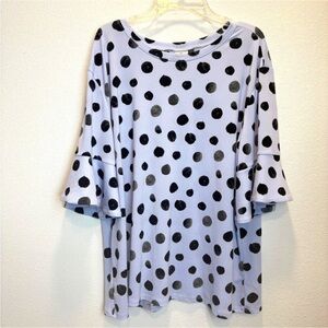 Women’s Worthington Periwinkle Blue & Black Polka Dot Bell Sleeve Top. Size L